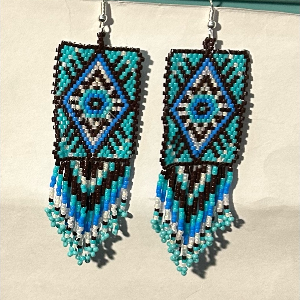Beaded rectangular earrings with fringe